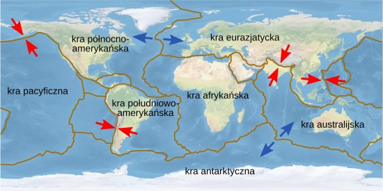 Mapa kier litosfery (płyt skorupy ziemskiej).