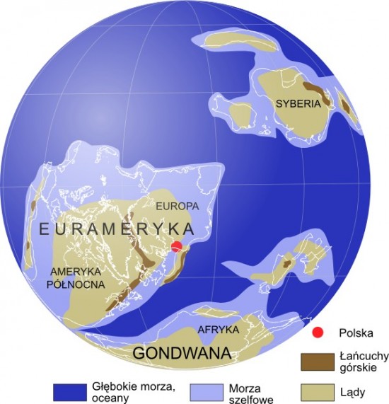 Mapa paleogeograficzna: dewon, 385 mln lat temu.