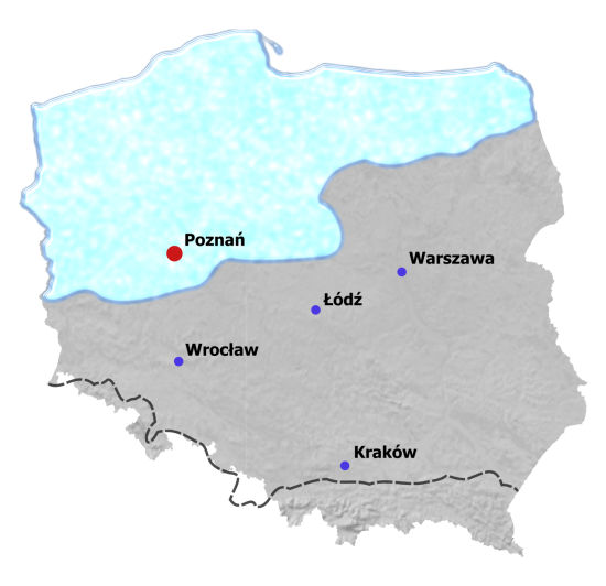 Mapa zasięgu zlodowaceń plejstoceńskich na terenie Polski.