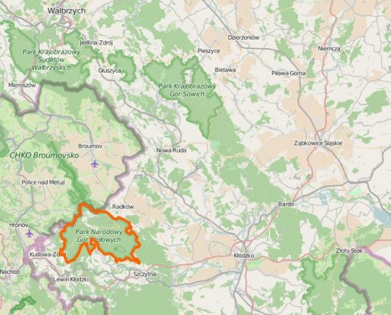 Park Narodowy Gór Stołowych na mapie Dolnego Śląska.