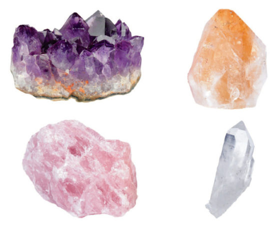 Kwarc o różnym zabarwieniu: ametyst, cytryn, kwarc różowy i bezbarwny kryształ górski.