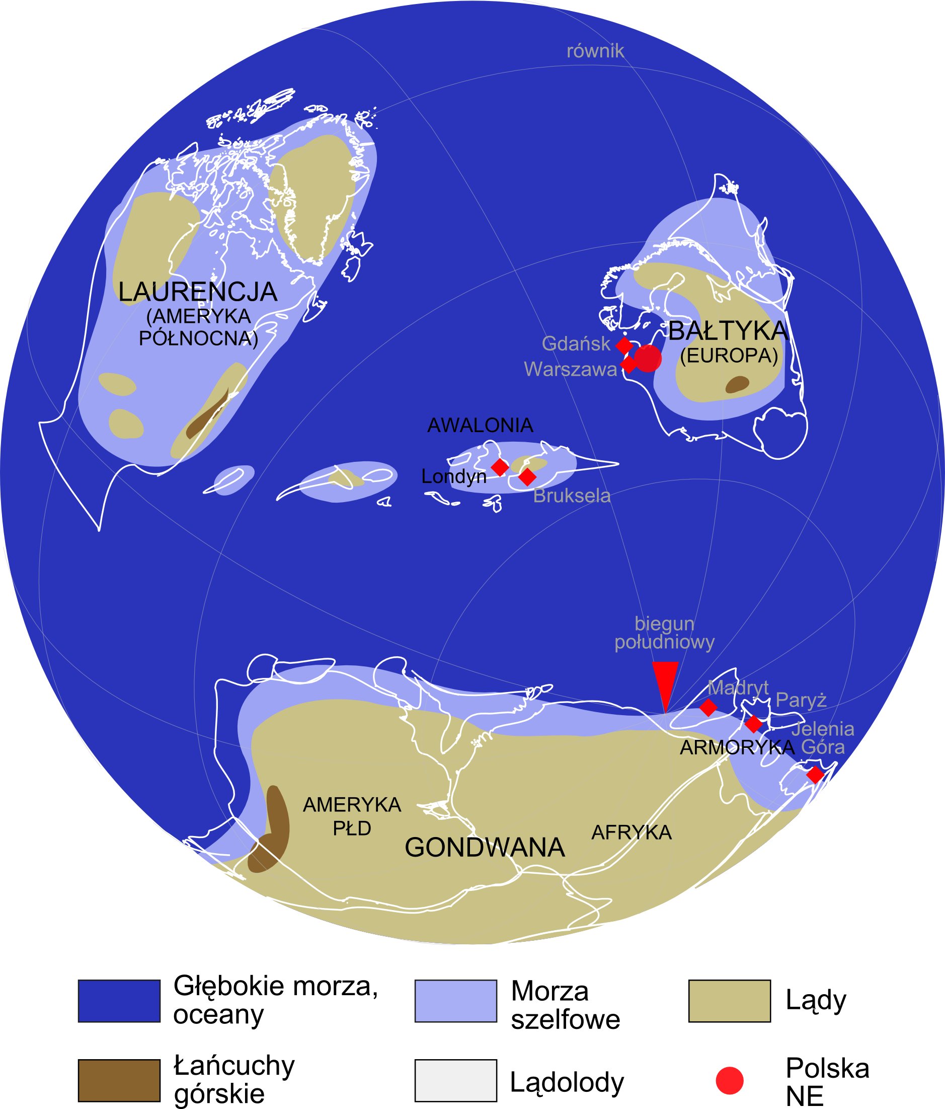 Mapa paleogeograficzna dla ordowiku - 465 milionów lat temu.