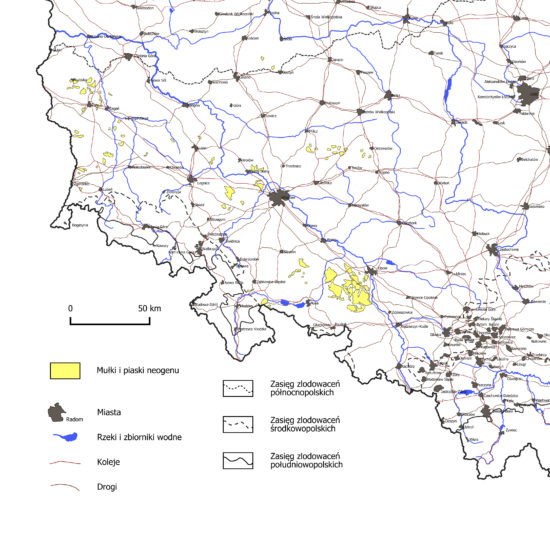 Mułki i piaski neogenu (bez węgla brunatnego) na terenie Polski - mapa.