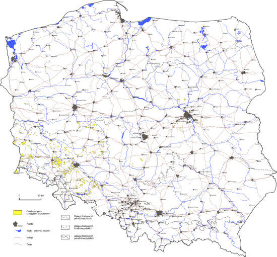 Osady neogenu z węglem brunatnym na powierzchni - mapa Polski.