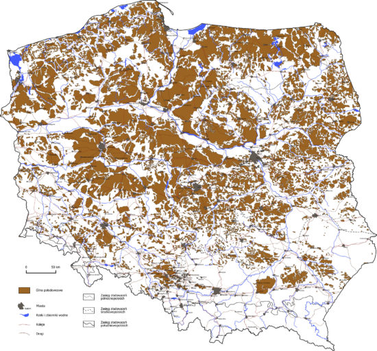 Gliny polodowcowe (plejstoceńskie) na terenie Polski - mapa geologiczna.