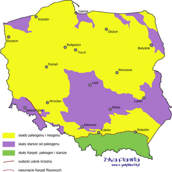 Odkryta mapa geologiczna Polski, przedstawiająca skały znajdujące się pod osadami epoki plejstoceńskiej (czyli starsze niż trzy miliony lat).