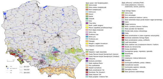 Mapa geologiczna Polski. Osady plejstocenu i holocenu (młodsze niż trzy miliony lat) nie zostały rozdzielone.