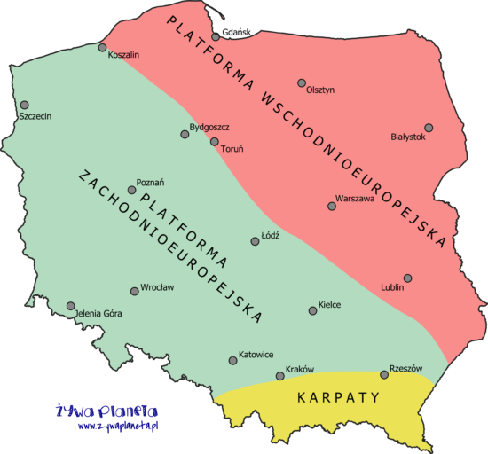 Schematyczny podział Polski na trzy wielkie jednostki tektoniczne.