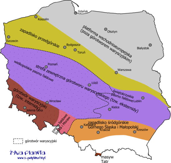 Mapa struktur tektonicznych z późnego paleozoiku, czyli z czasów ruchów górotwórczych waryscyjskich.