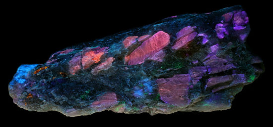 Zjawisko fluorescencji (luminescencji) widoczne na kryształach minerału spodumenu.