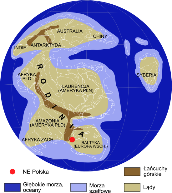 Superkontynent Rodinia - mapa paleogeograficzna, neoproterozoik, 1 mld lat temu.