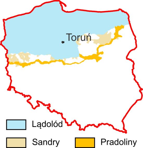 Zasięg lądolodu w fazie poznańskiej, z lokalizacją dzisiejszego Torunia.