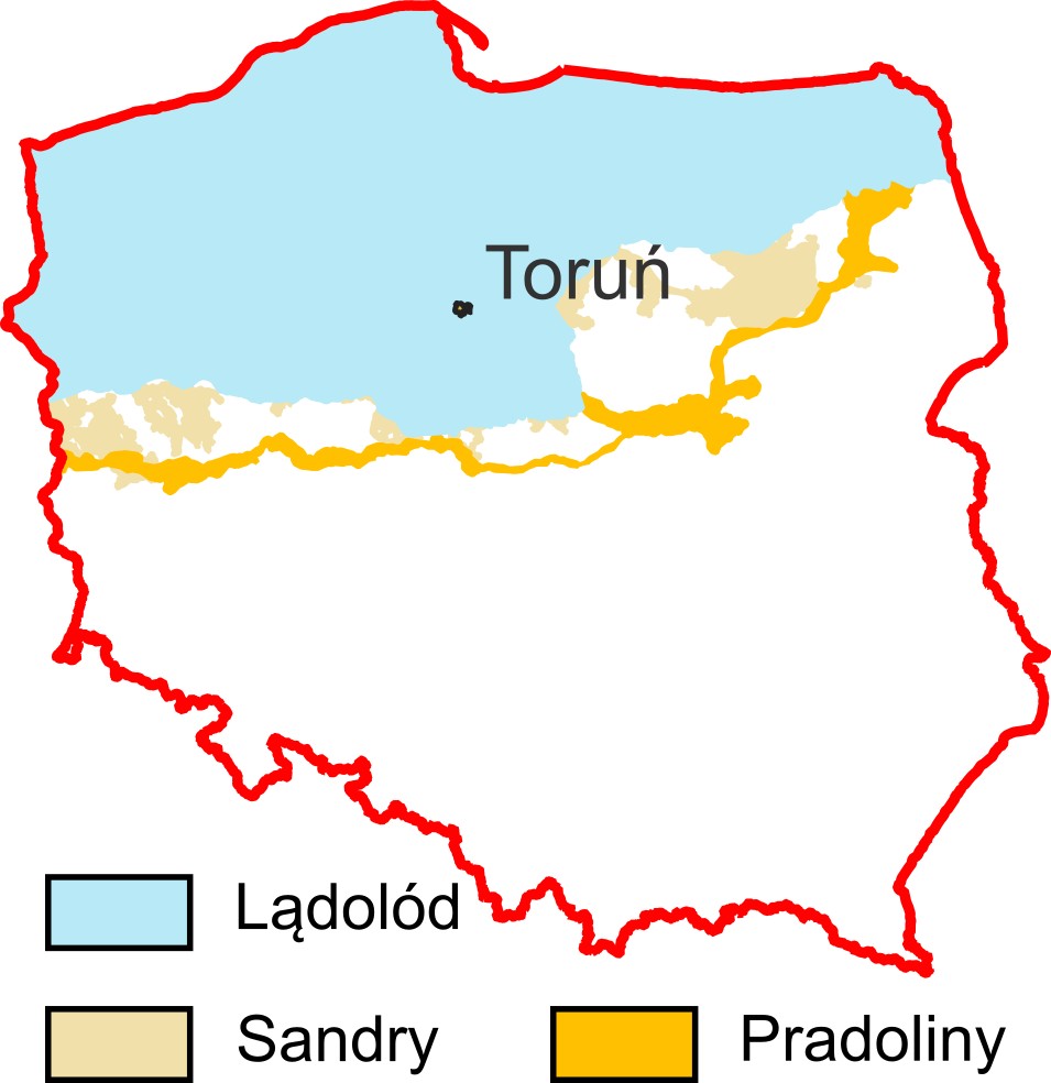 Zasięg lądolodu w fazie poznańskiej, z lokalizacją dzisiejszego Torunia.
