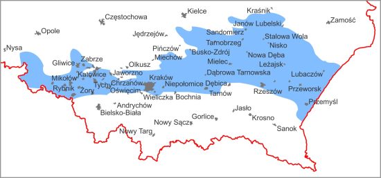 Zasięg mioceńskiego morza (Paratetydy) na współczesnej mapie Polski.