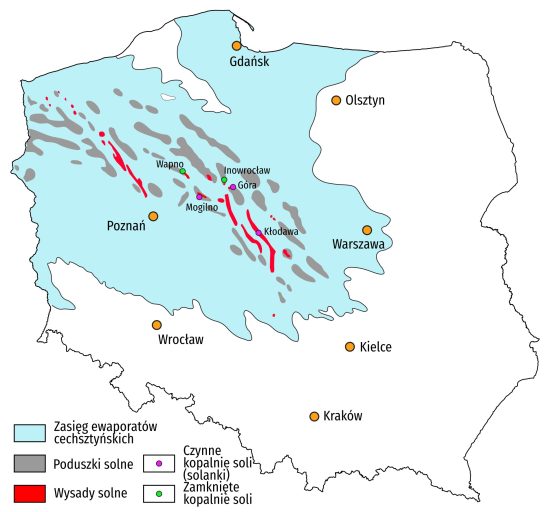 Mapa cechsztyńskich struktur solnych na terenie Polski.